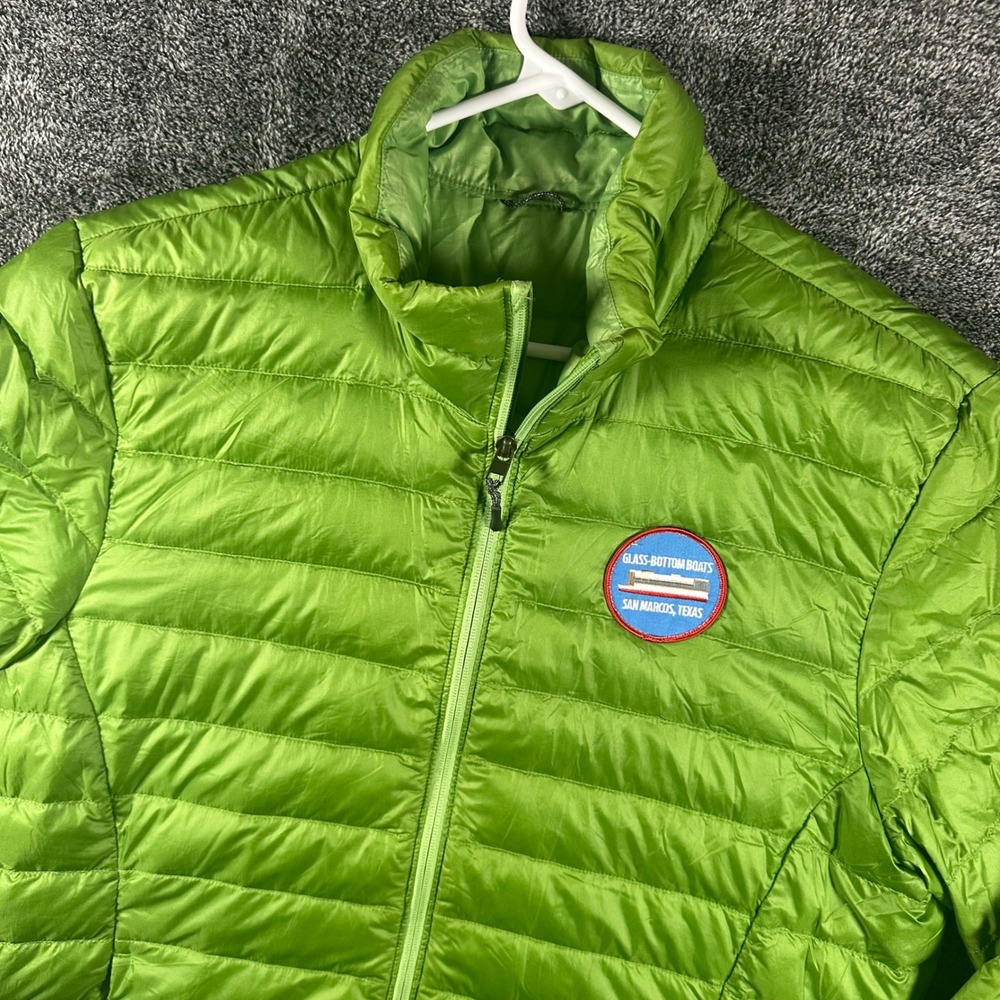 REI Puffer Jacket Men L 650 Down Green Full Zip Glass Bottom Boats San Marcos TX